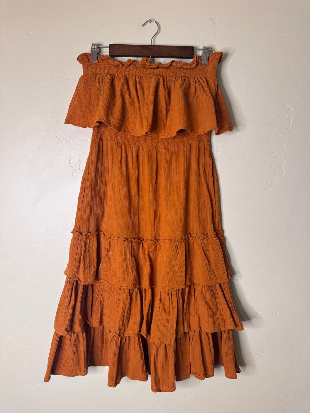 Free People Burnt Orange Gauze Crop Top Skirt Set Ruffle Midi Boho Size Large